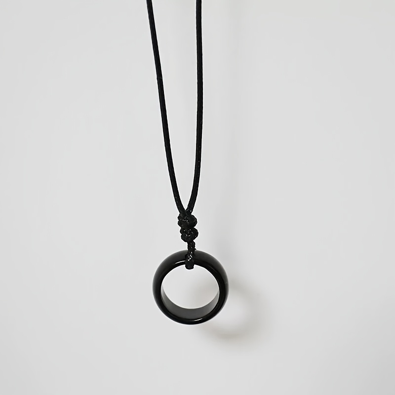 Natural Black Agate Round Ring Pendant Necklace, Unisex